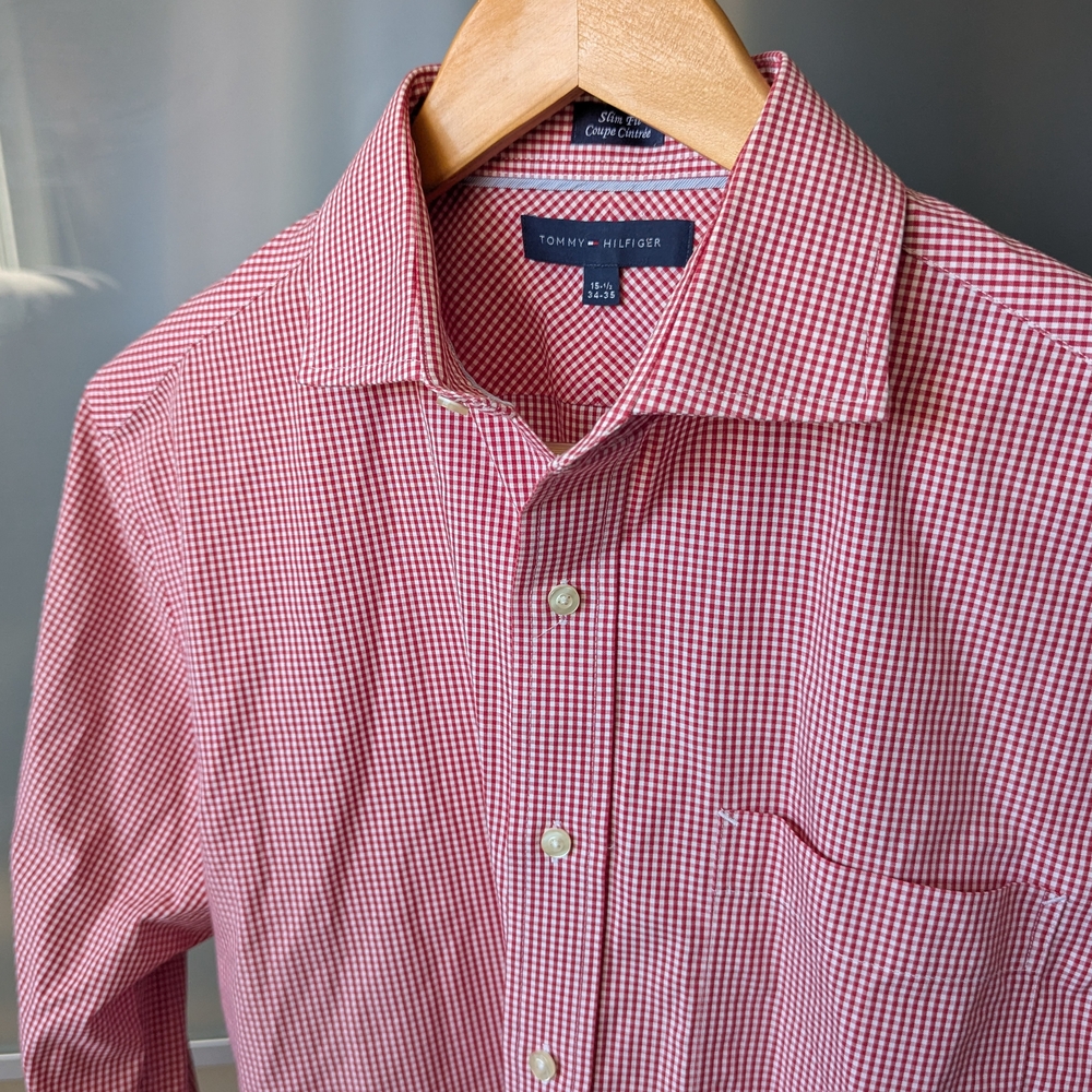 Tommy Hilfiger Red Checkered Slim Fit Men's Longsleeve Shirt - 15.5 34-35